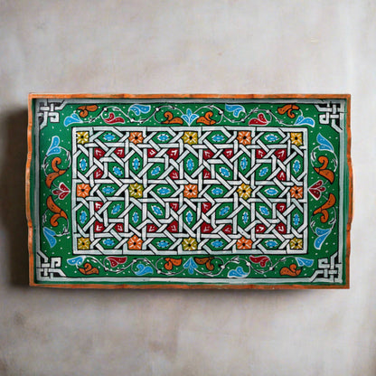 Hand painted Moroccan table tray zellige green.
