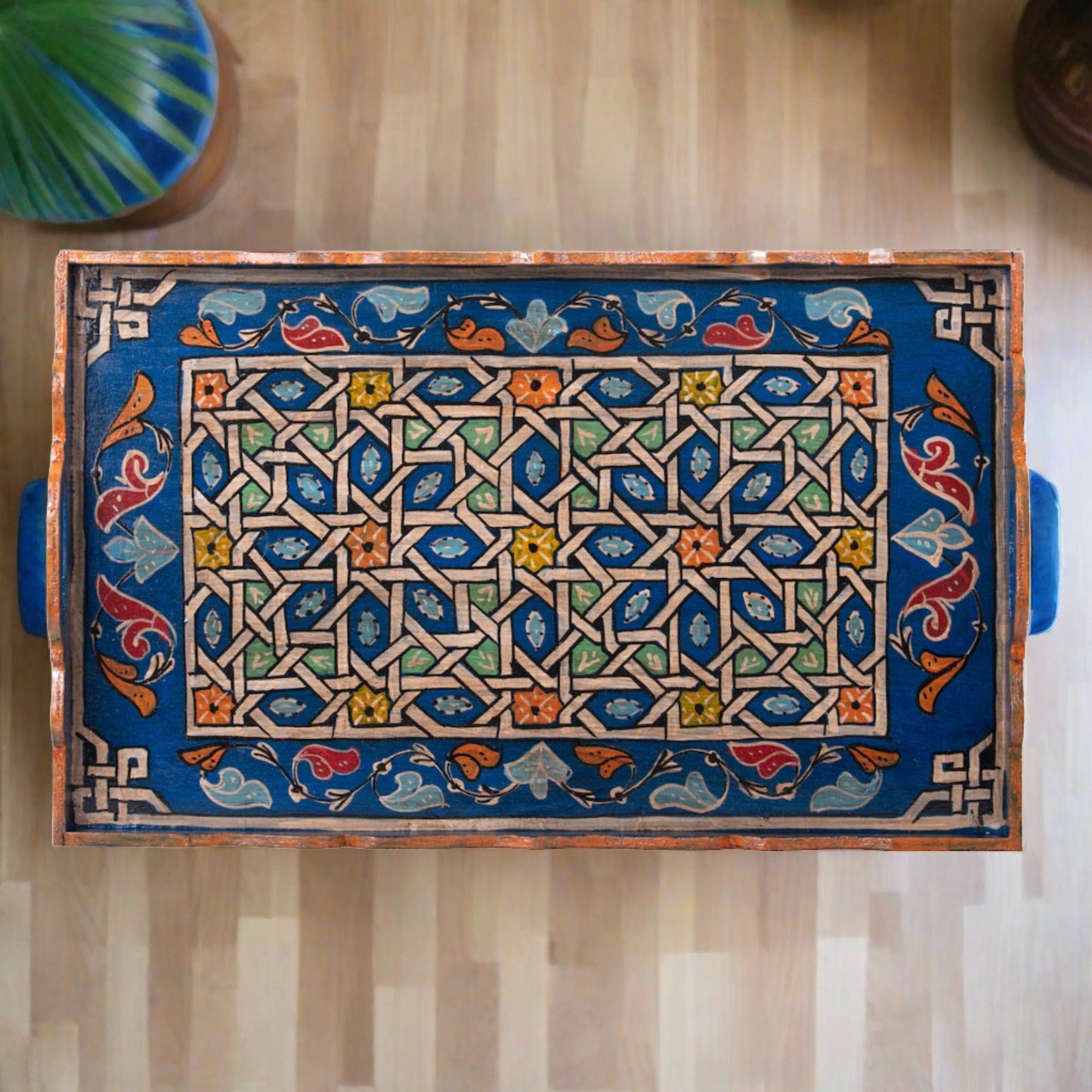 Hand painted Moroccan table tray zellige brown. FREE SHIPPING