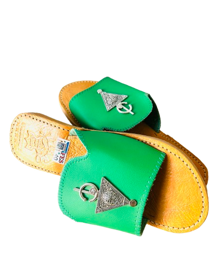 Dar Chi Women’s Moroccan Leather Slippers – Green – Handmade in Fez 37