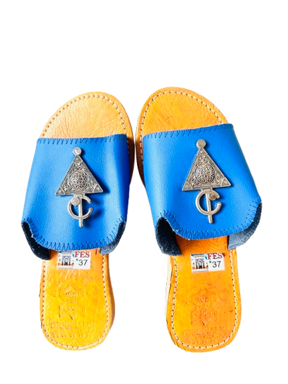 Dar Chi Women’s Moroccan Leather Slippers – Blue – Handmade in Fez  37