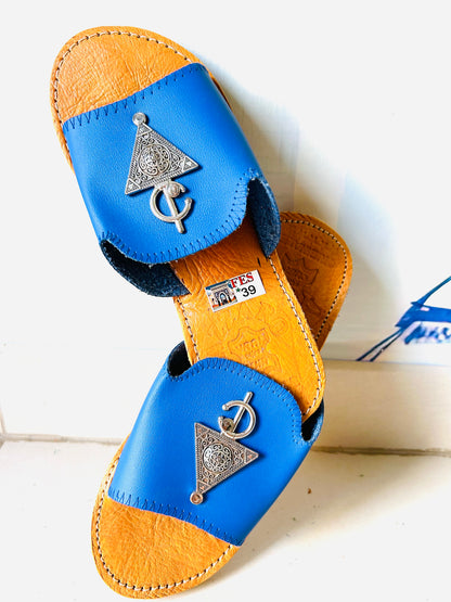 Dar Chi Women’s Moroccan Leather Slippers – Blue – Handmade in Fez  37