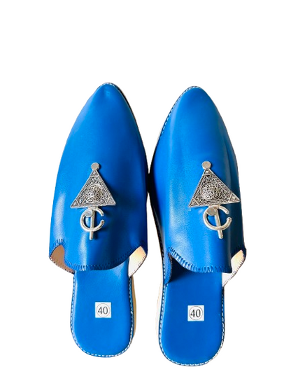 Handmade Amazigh Leather Babouche Fibula Sapphire Blue ⴰⵙⴼⴻⵍ .