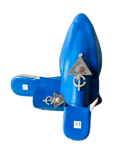 Handmade Amazigh Leather Babouche Fibula Sapphire Blue 41 ⴰⵙⴼⴻⵍ .