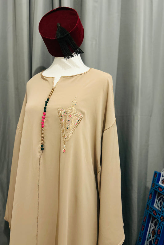 Handmade Moroccan Jellaba Women light Brown Tilelli ⵜⵉⵍⴻⵍⵍⵉ