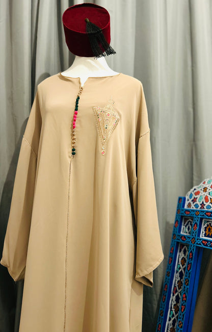 Handmade Moroccan Jellaba Women light Brown Tilelli ⵜⵉⵍⴻⵍⵍⵉ