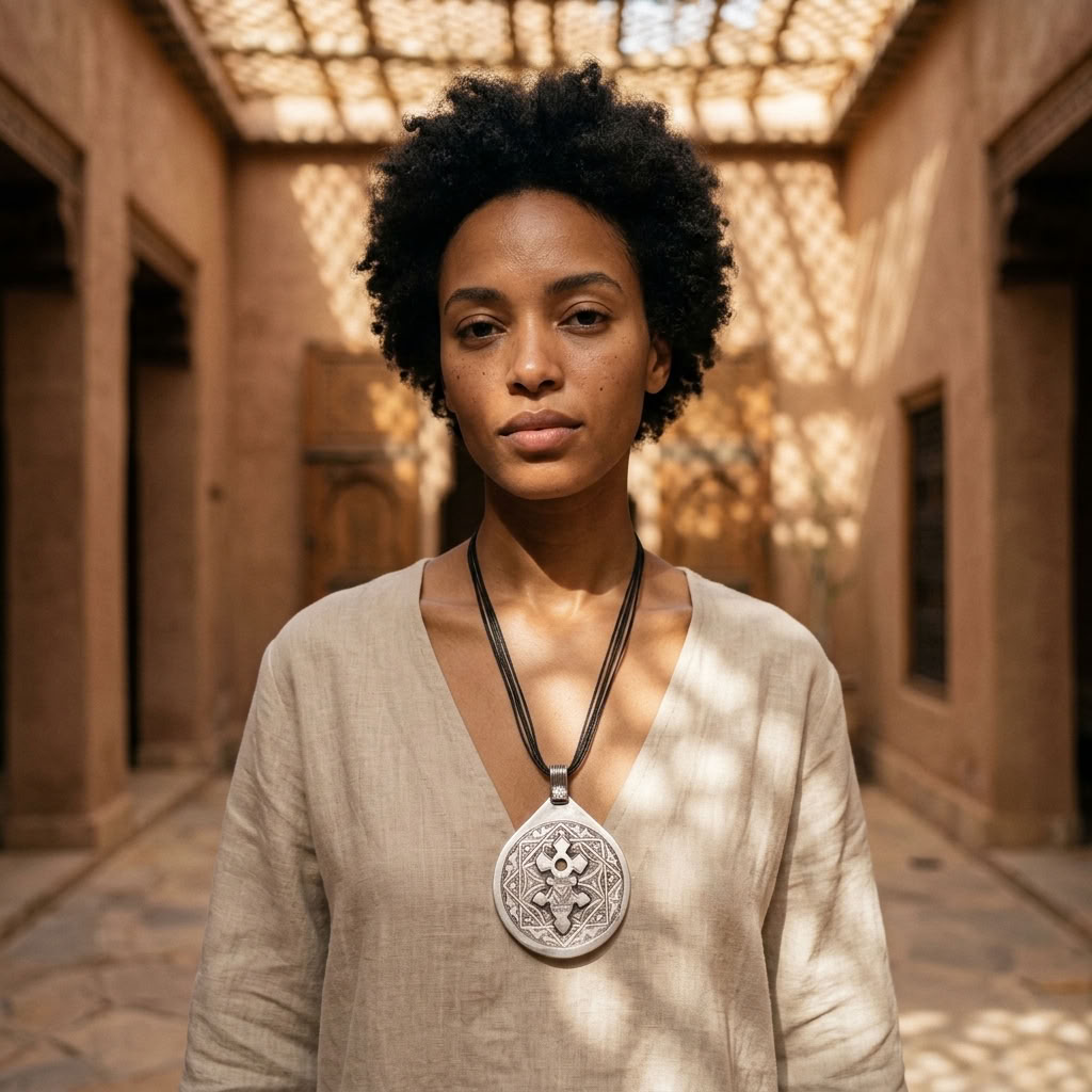 Tuareg Silver Necklace with Leather Cord Eϟ+○ϟ.