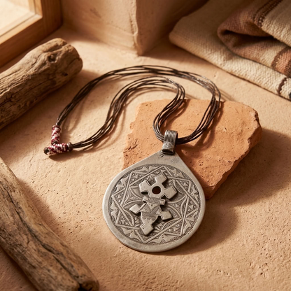 Tuareg Silver Necklace with Leather Cord Eϟ+○ϟ.