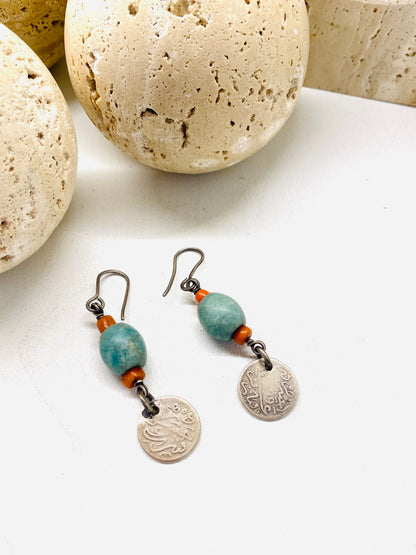 Amazigh Vintage Coral & Silver Coins earrings Tafsut ⵜⴰⴼⵙⵓⵜ.