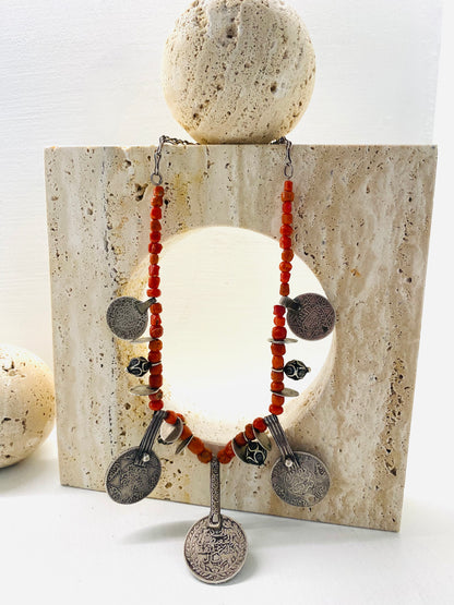 Amazigh Vintage Coral beads & Silver coins Necklace Imedi ⵉⵎⴻⴹⵉ. FREE SHIPPING