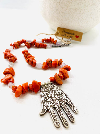Amazigh Vintage Silver and Coral Khmisset ⵅⵎⵉⵙⵙⴰ Necklace.