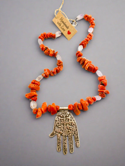 Amazigh Vintage Silver and Coral Khmisset ⵅⵎⵉⵙⵙⴰ Necklace.