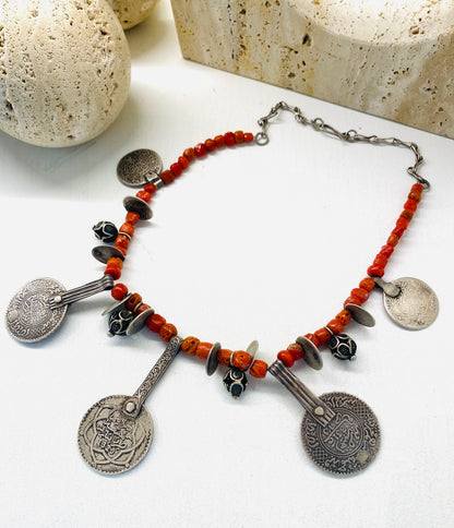 Amazigh Vintage Coral beads & Silver coins Necklace Imedi ⵉⵎⴻⴹⵉ. FREE SHIPPING