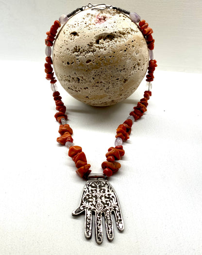 Amazigh Vintage Silver and Coral Khmisset ⵅⵎⵉⵙⵙⴰ Necklace.