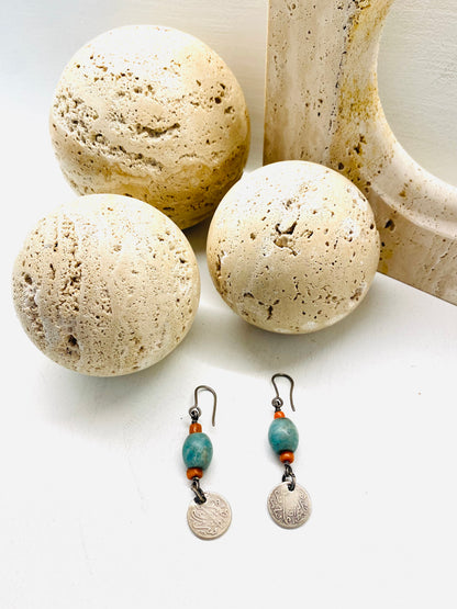 Amazigh Vintage Coral & Silver Coins earrings Tafsut ⵜⴰⴼⵙⵓⵜ.