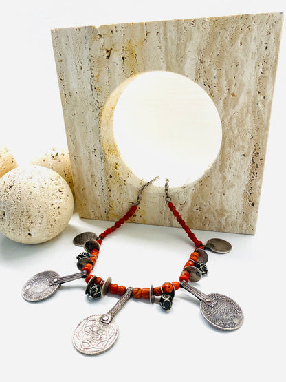 Amazigh Vintage Coral beads & Silver coins Necklace Imedi ⵉⵎⴻⴹⵉ. FREE SHIPPING