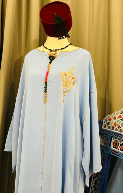 Handmade Moroccan Jellaba Women Blue Tilelli ⵜⵉⵍⴻⵍⵍⵉ