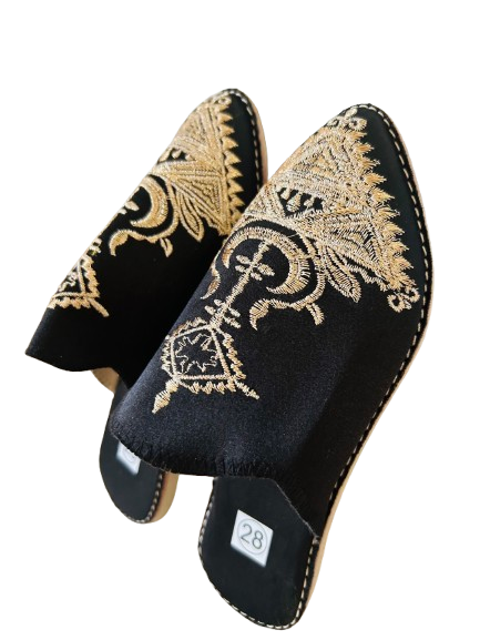 Dar Chi Handmade Moroccan Amazigh Leather Slippers for KIDS Black Embroidery– 2-in-1 Comfort & Style
