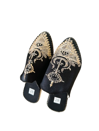 Dar Chi Handmade Moroccan Amazigh Leather Slippers for KIDS Black Embroidery– 2-in-1 Comfort & Style