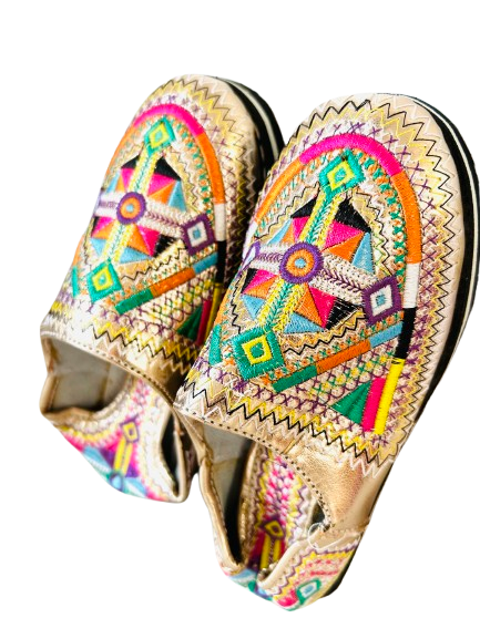 Dar Chi Handmade Moroccan Amazigh Leather Slippers for KIDS Gold Pink – 2-in-1 Comfort & Style