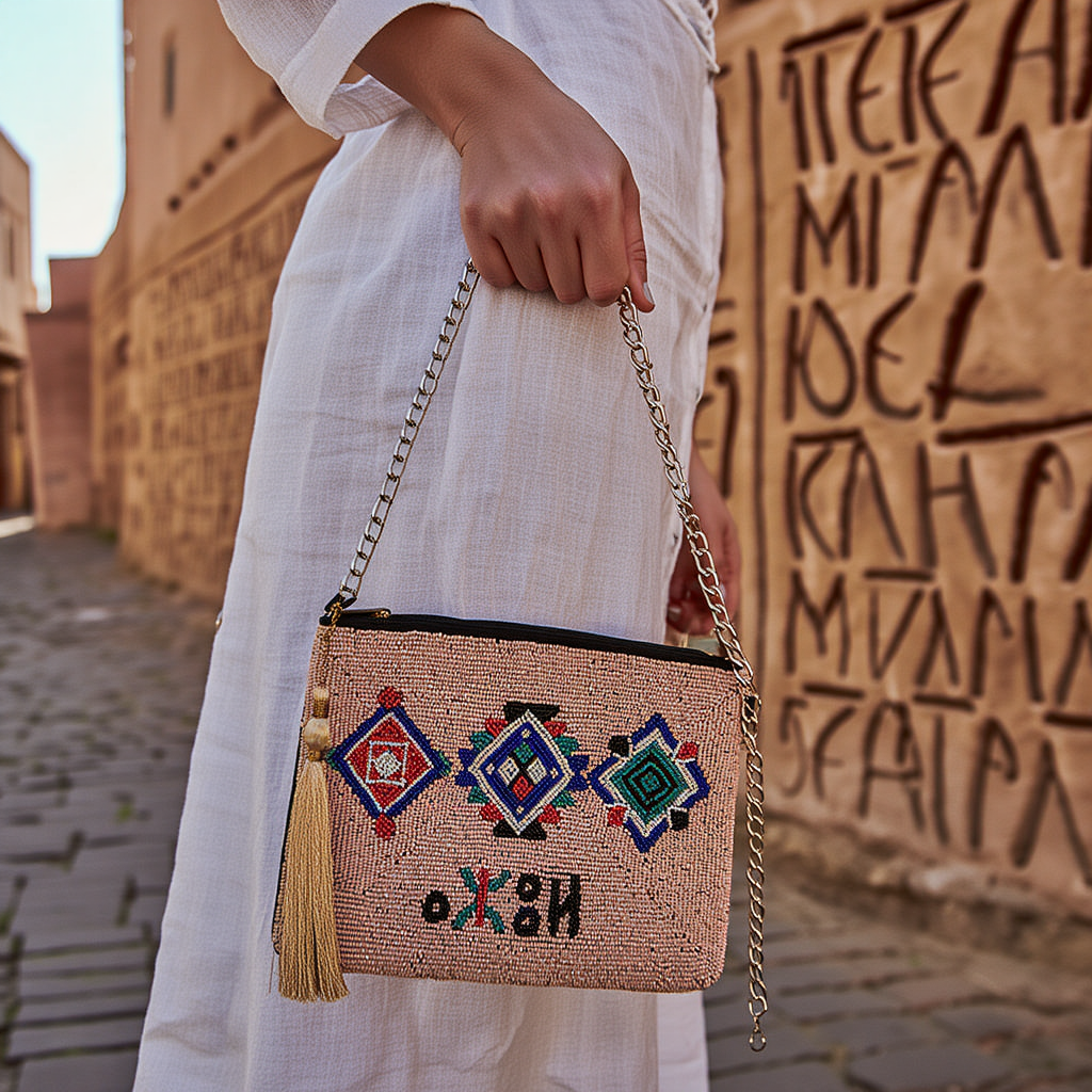 Tileli Freedom Beaded Pink Bag Pouch ⵜⵉⵍⴻⵍⵉ
