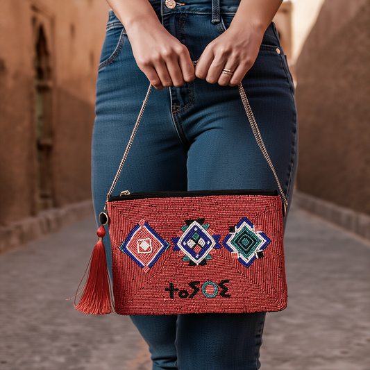 Tayri Beauty Beaded Red Bag Pouch ⵜⴰⵢⵔⵉ