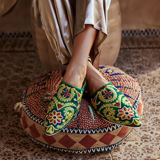 Leather velvet-like embroidered babouche- Green 37