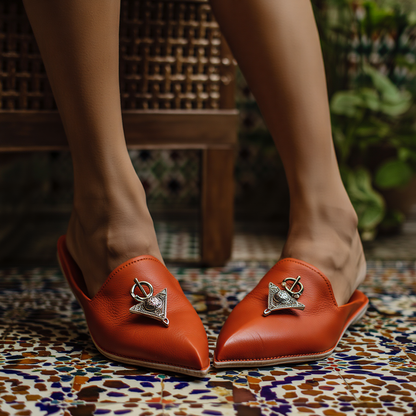 Leather Babouche Fibula- Tangerine 40