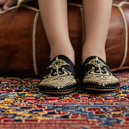 Kids Leather Slippers Black Embroidery