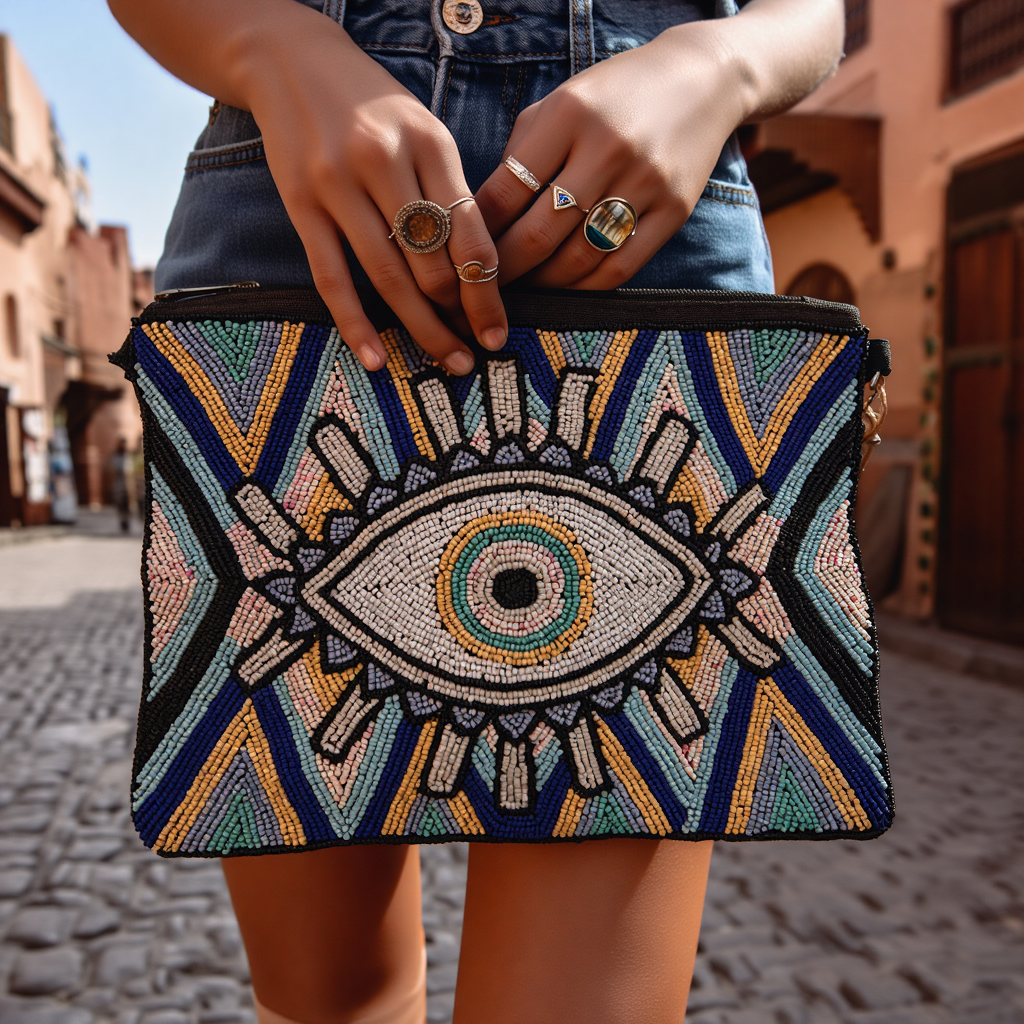 Beaded Blue Bag Pouch Evil Eye ⵜⵉⵍⴻⵍⵉ