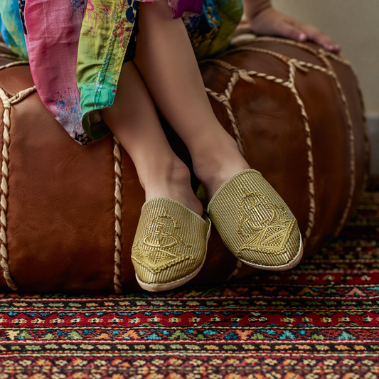 Dar Chi Handmade Moroccan Amazigh Leather Slippers for KIDS Gold Embroidery– 2-in-1 Comfort & Style