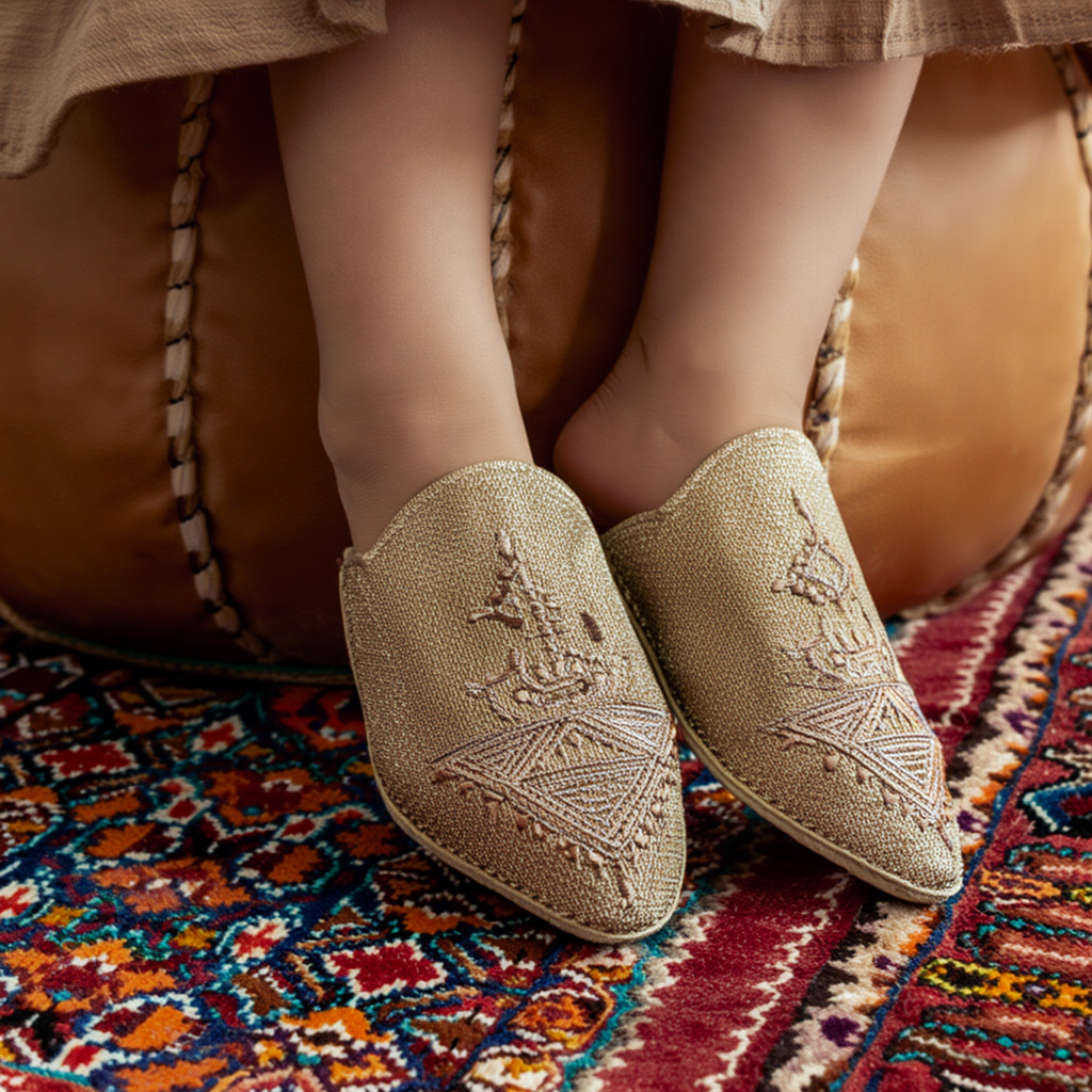 Kids Leather Slippers Pink Gold Embroidery 36.