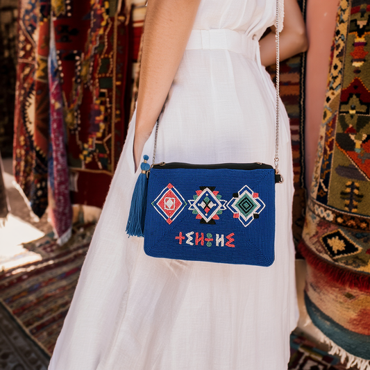 Tileli Freedom Beaded Blue Bag Pouch ⵜⵉⵍⴻⵍⵉ