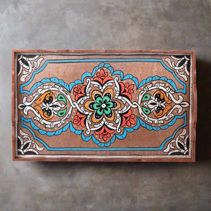 Hand painted Moroccan table tray zellige brown.