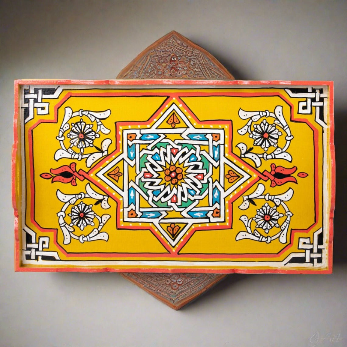 Hand painted Moroccan table tray zellige yellow. FREE SHIPPING